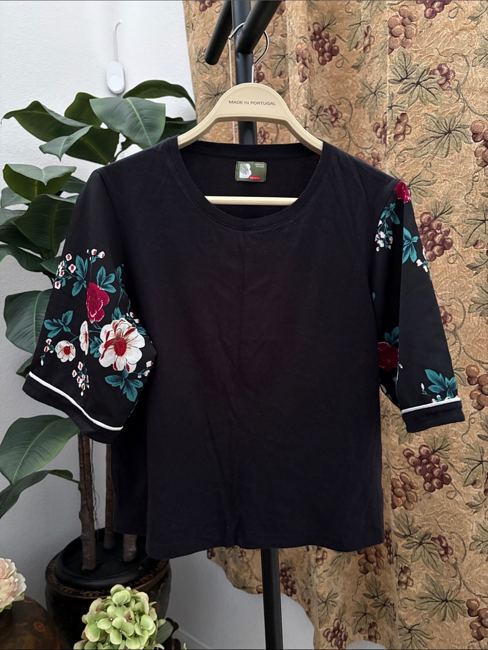 Bench Black Crop Top with Teal and Red Floral Sleeves